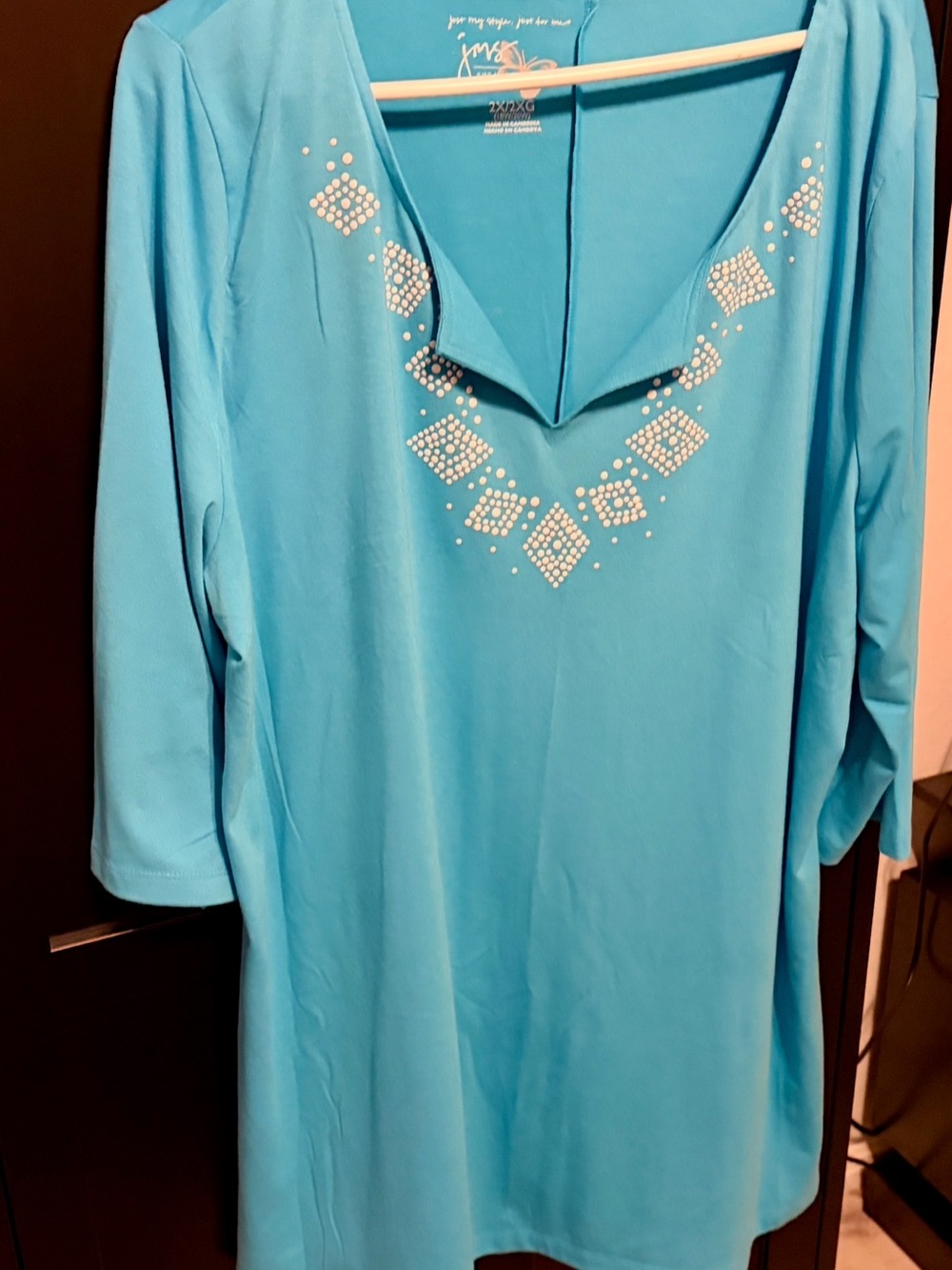 JMS Just My Size Turquoise Blue Embellished Split V-Neck Tunic Top 2X